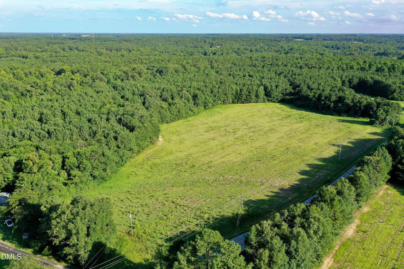 Aerial view of a large, grassy clearing surrounded by dense green forest, with a road running along the edge of the clearing under a partly cloudy sky.
