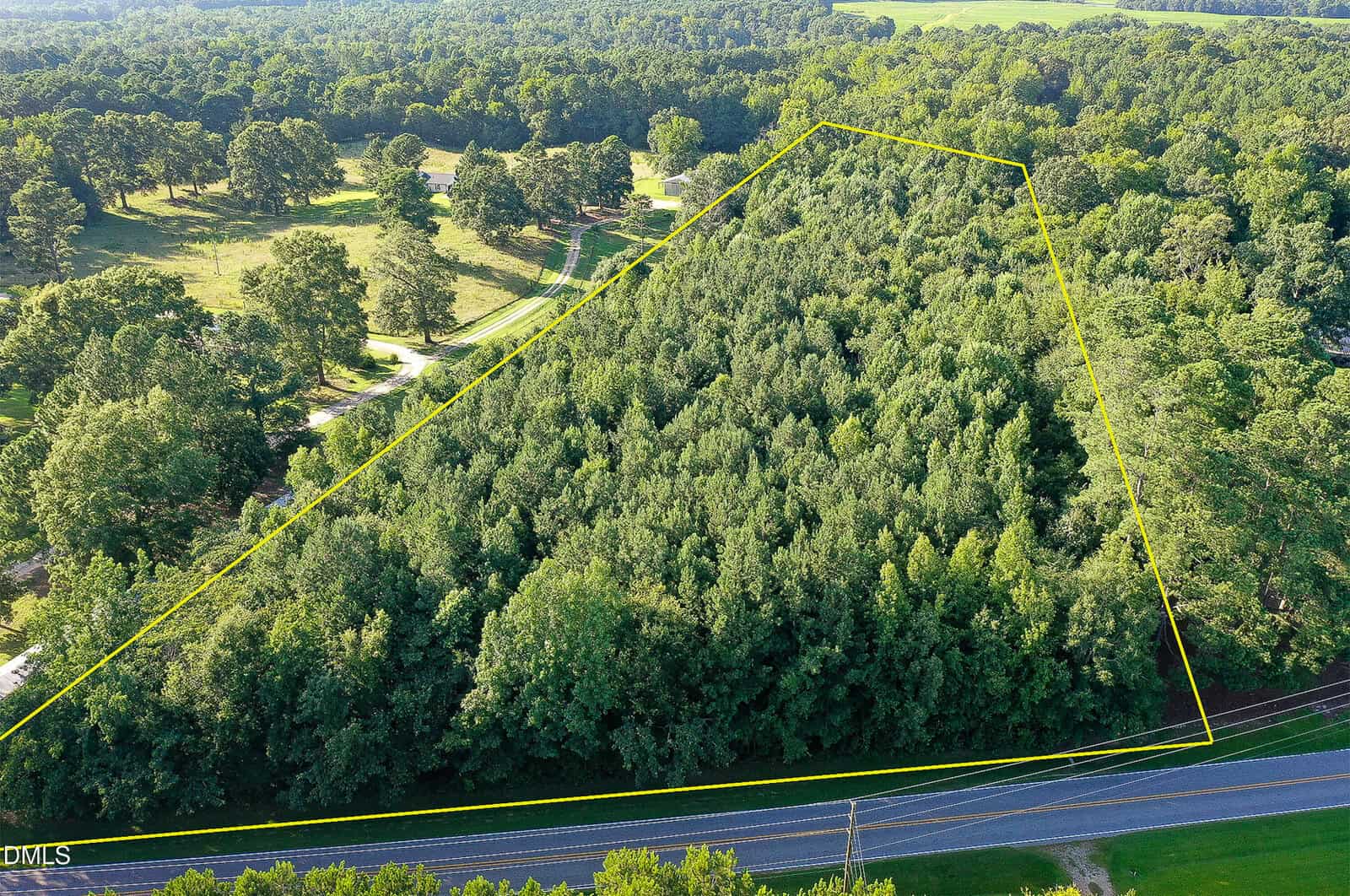 Aerial view of a wooded, triangular plot of land outlined in yellow, bordered by roads on two sides, with dense trees covering most of the area and nearby open fields in the background.