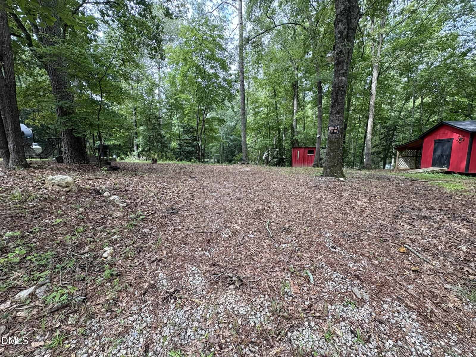 A wooded area with tall trees, scattered leaves, and a dirt clearing. Two small red buildings are visible among the trees. The ground is covered in wood chips and gravel.