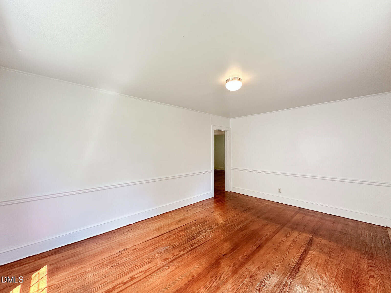 Empty room with white walls, a ceiling light, and wood floors. There is a doorway leading to another room with darker flooring. Sunlight is visible on the floor near the left wall.