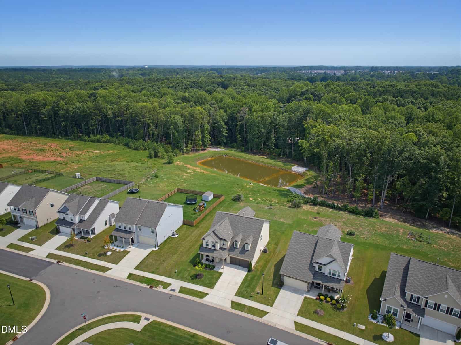 Aerial view of suburban homes facing a small pond and a wooded area, with neatly maintained lawns and clear blue skies above.