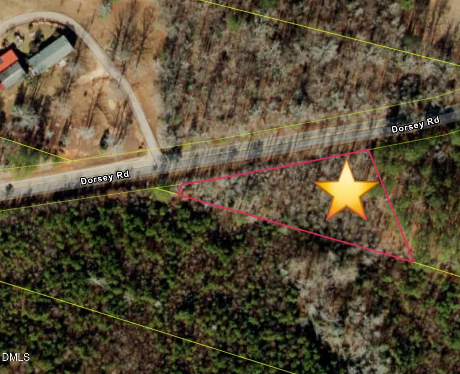Aerial view of a triangular wooded lot outlined in pink along Dorsey Road. A large yellow star marks a spot within the lot. Nearby buildings and trees are visible. Thin yellow property lines border the area.