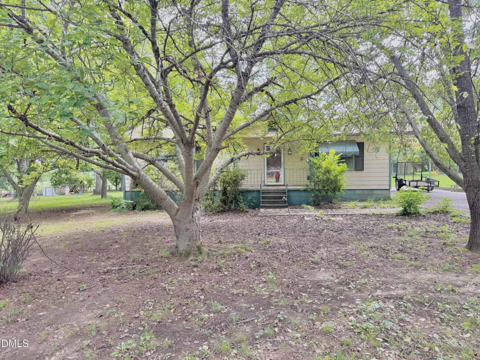 Single-story beige house with green trim, partially obscured by large leafy trees in the front yard. A small porch with steps leads to the front door, and the lawn is mostly bare dirt with scattered vegetation.
