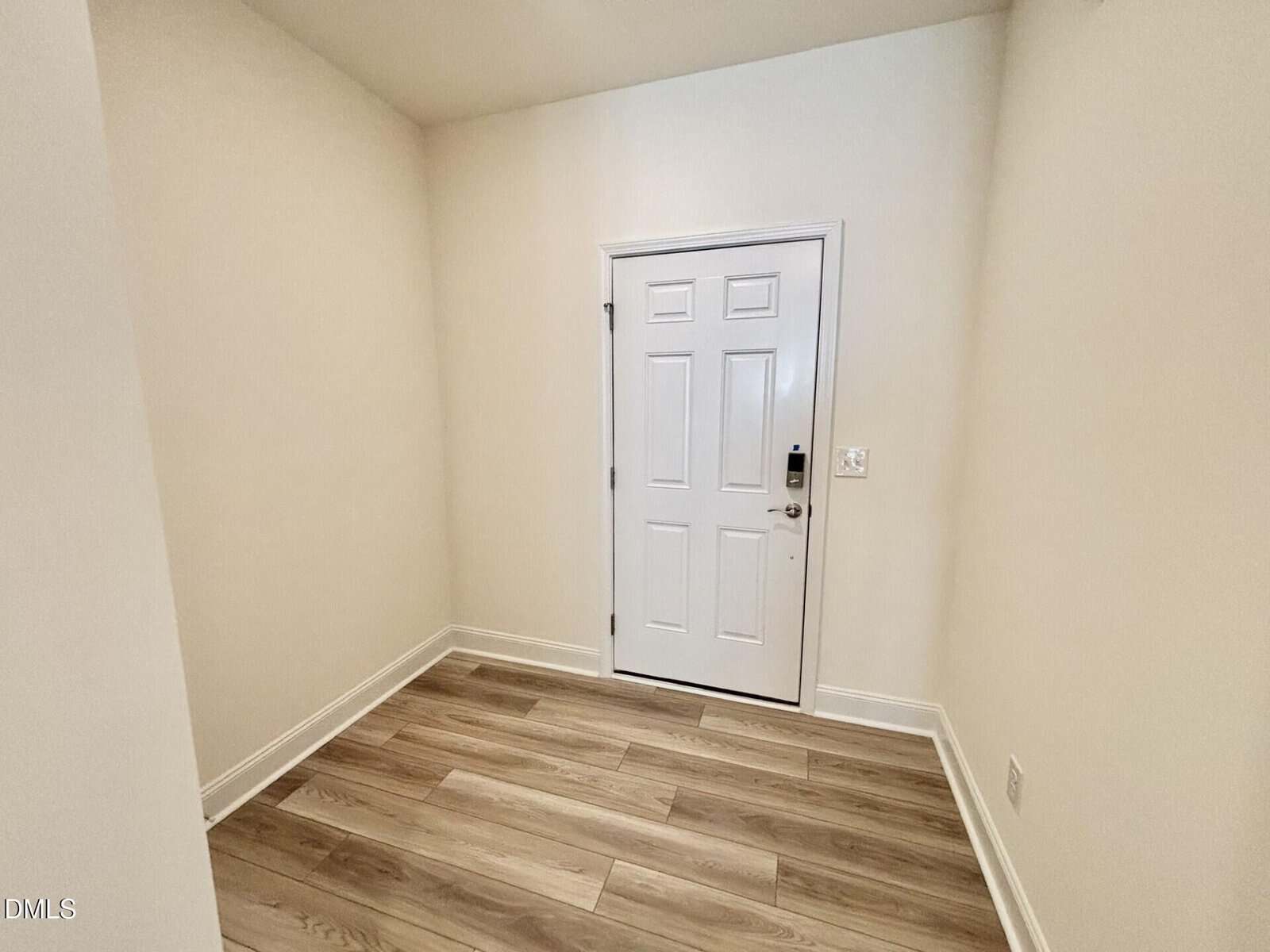 A small entryway with light-colored walls, a white door with a lock, and light wood-look laminate flooring. The space is empty, with simple white baseboards and a visible wall outlet.