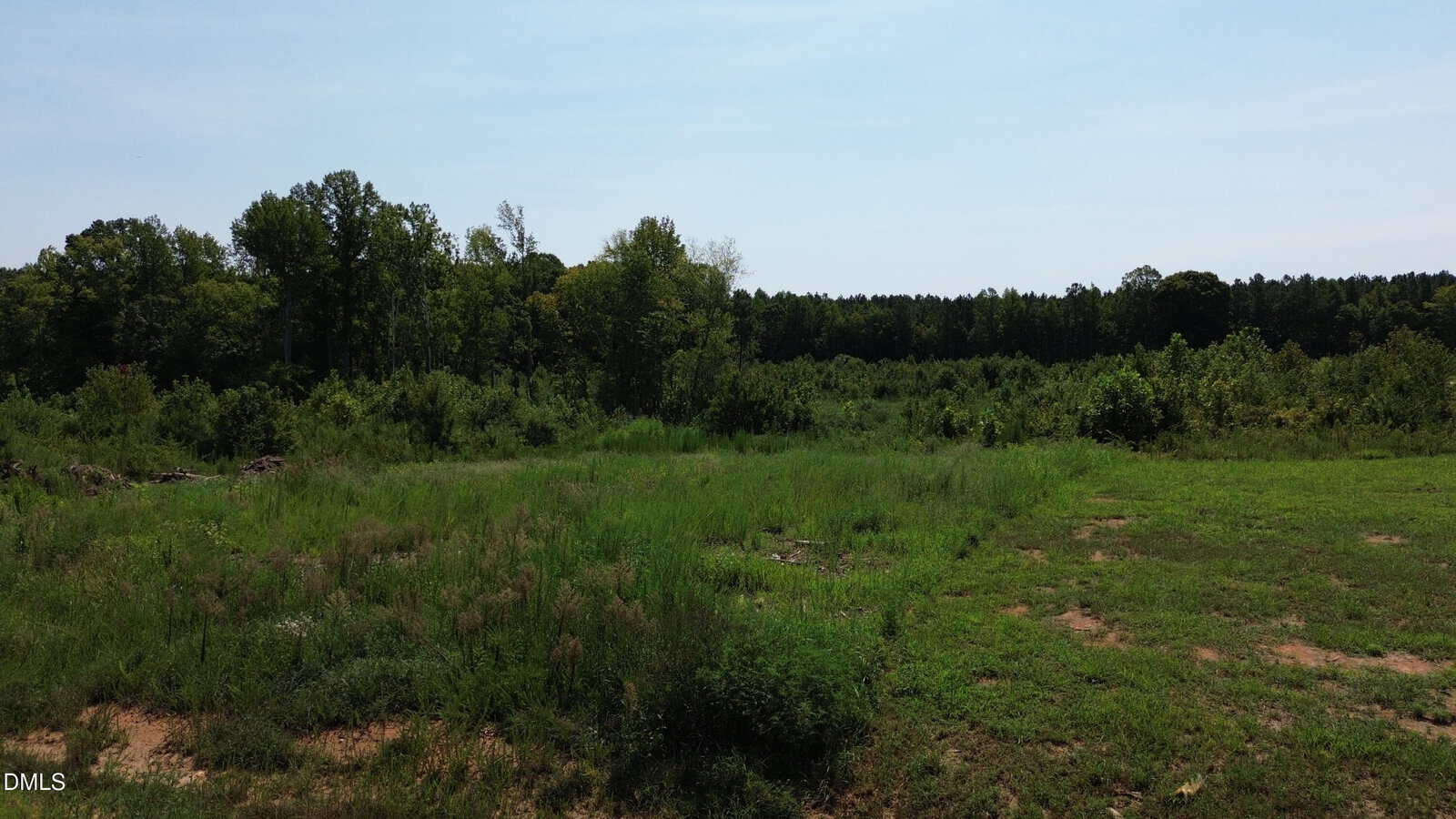 A grassy field with patches of dirt and sparse vegetation, bordered by dense trees and shrubs under a partly clear sky.