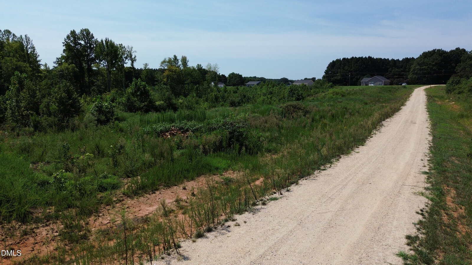 A dirt road runs alongside a grassy, overgrown field with some trees in the background. Houses are visible in the distance under a clear sky.