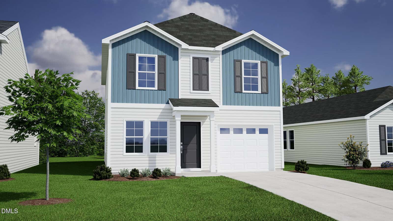 A two-story house with blue and white siding, gray roof, front porch, single garage, and driveway. There are small shrubs around the house and a tree on the left, with a green lawn and neighboring houses visible.