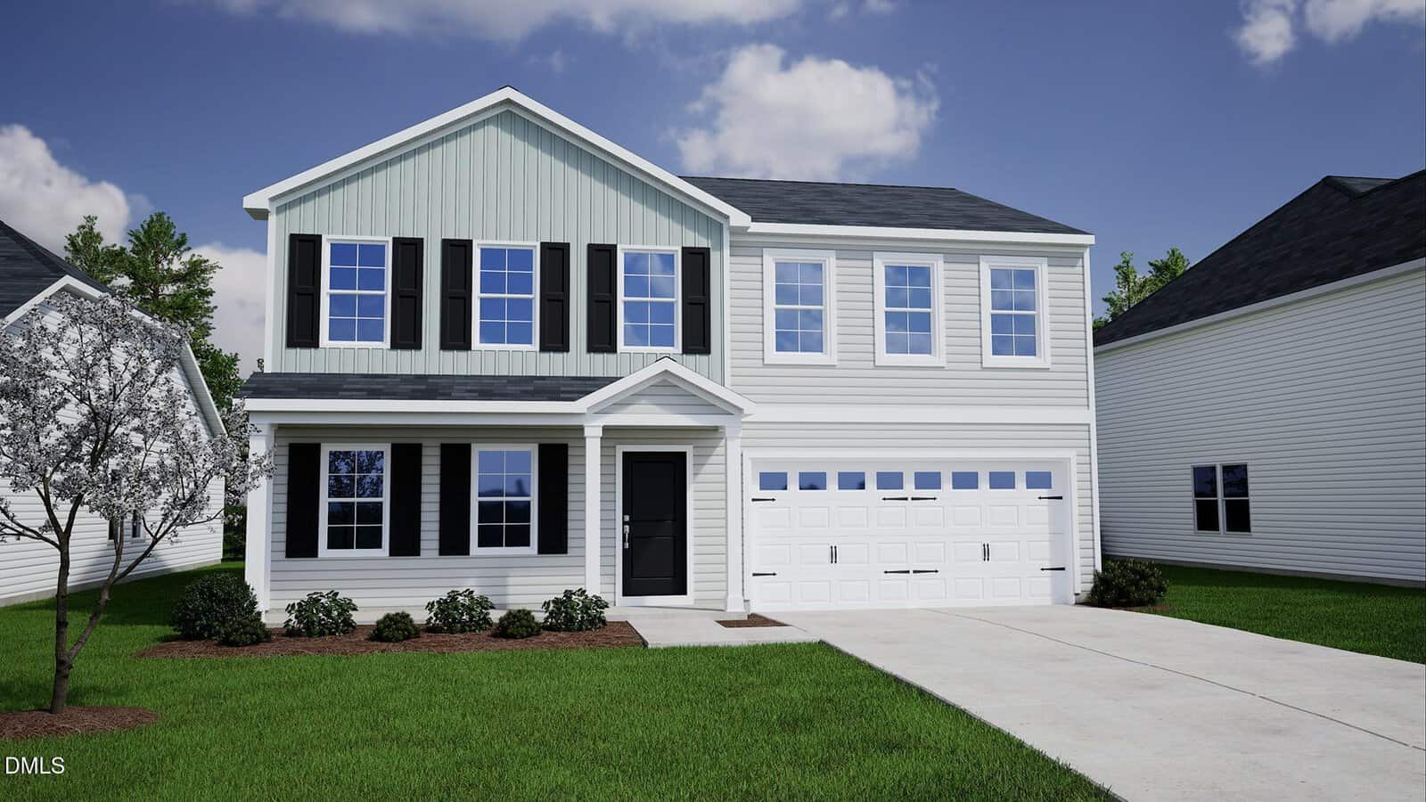 Two-story suburban house with white siding, black shutters, and an attached two-car garage, located at 33 Mistflower Drive in Youngsville. There’s a small front porch, a tree, shrubs, and a paved driveway on a well-kept lawn, all set under a blue sky with clouds.