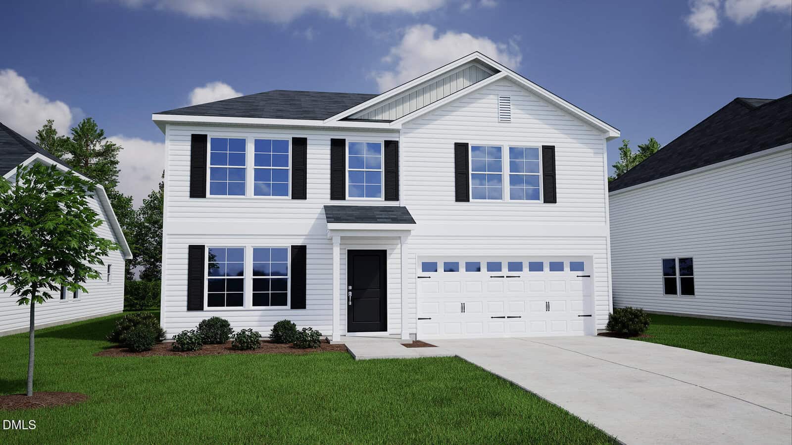 Located at 225 Buckthorn Drive in Youngsville, this two-story white house features classic black shutters, a black front door, an attached two-car garage, and a concrete driveway. The green lawn is accented with small shrubs and a young tree in front, all set beneath a partly cloudy sky.