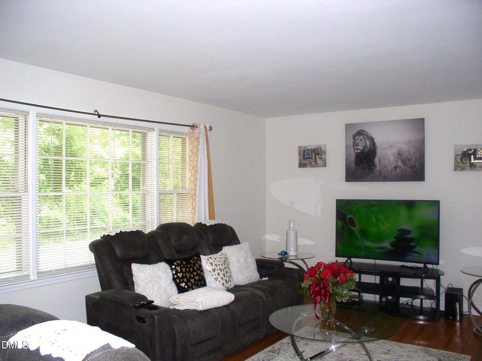 A living room with a gray couch, white pillows, a glass coffee table with red flowers, a TV on a black stand, and large windows with white blinds. A lion photo hangs above the TV.