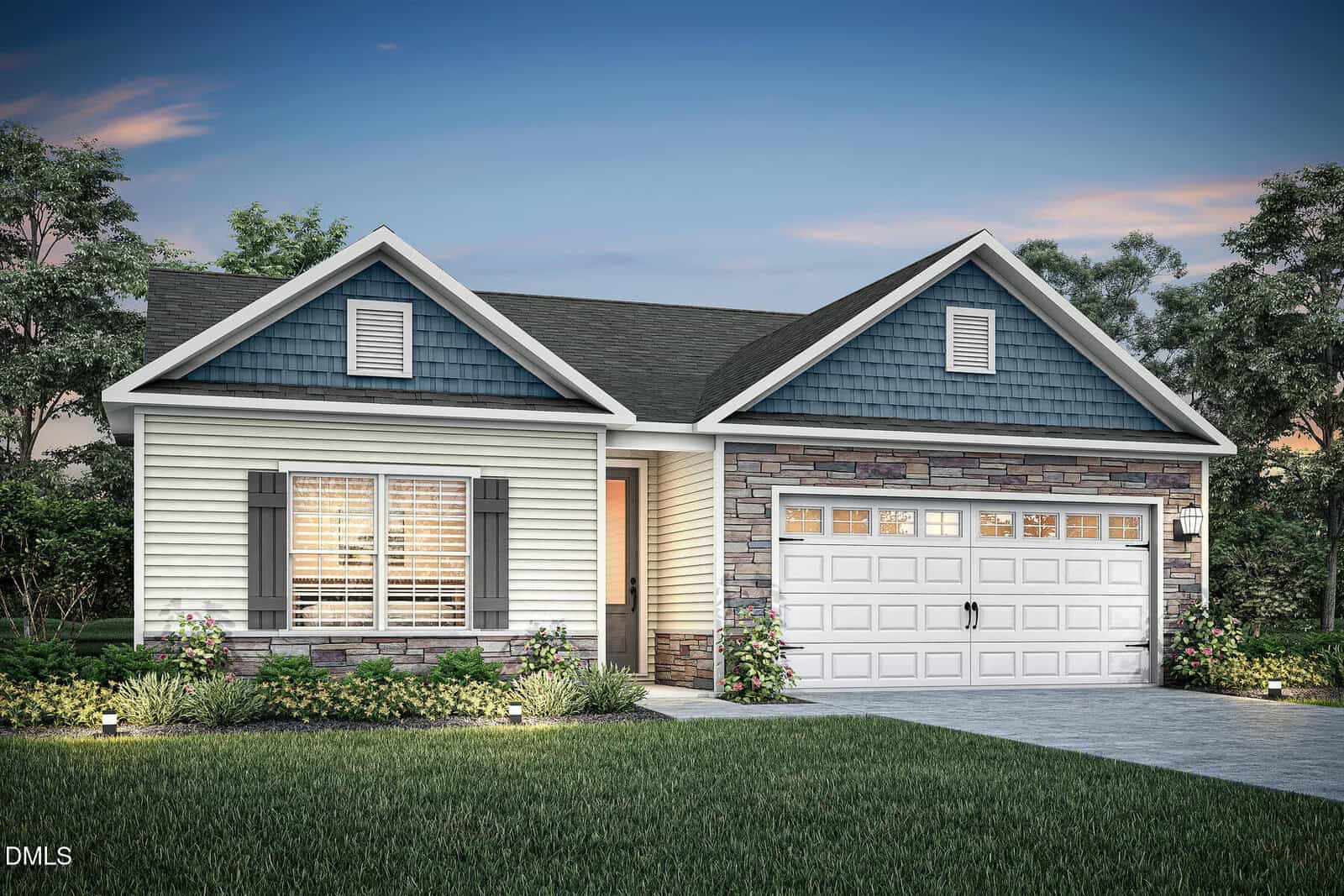 Single-story suburban house with blue and white siding, stone accents, dark shutters, a gray shingled roof, a two-car garage, front porch lights, and a neatly landscaped yard with grass and small shrubs at dusk—perfectly situated on 20 Bulb Court in Youngsville.