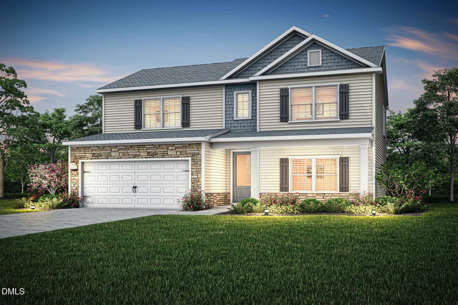 Two-story suburban house with gray siding, stone accents, attached two-car garage, shuttered windows, and a well-kept lawn and shrubs, pictured at dusk with exterior lights illuminating the front—located in desirable Youngsville at 40 Bulb Court.