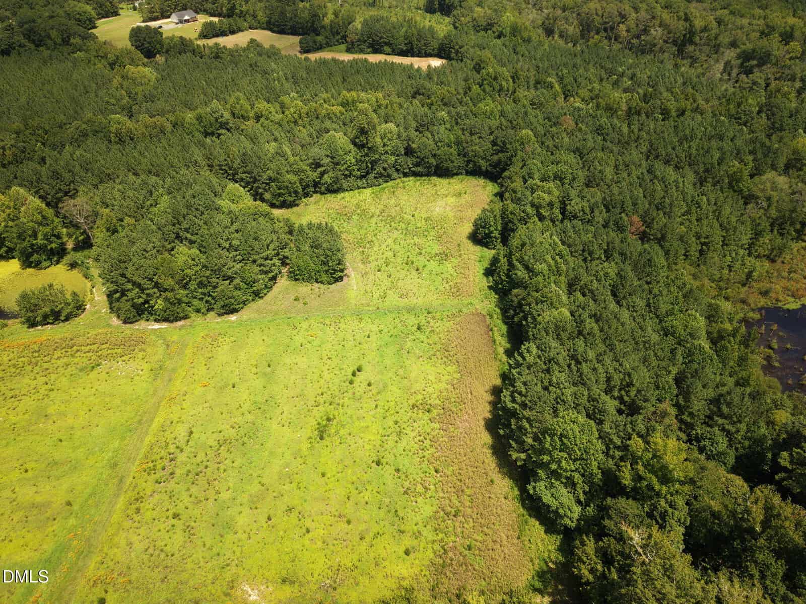 Aerial view of a green, grassy field bordered by dense trees, with a small pond visible on the right side and a house at the top left corner on tract C along Brassfield Road in Creedmoor.