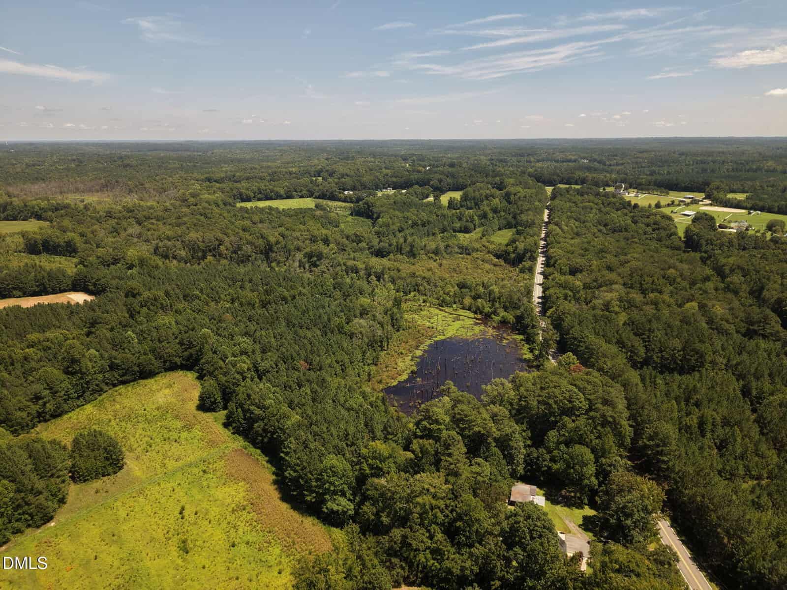 Aerial view of a rural landscape with dense green forests, open fields, a small pond, and a straight road running through the trees under a blue sky with light clouds.