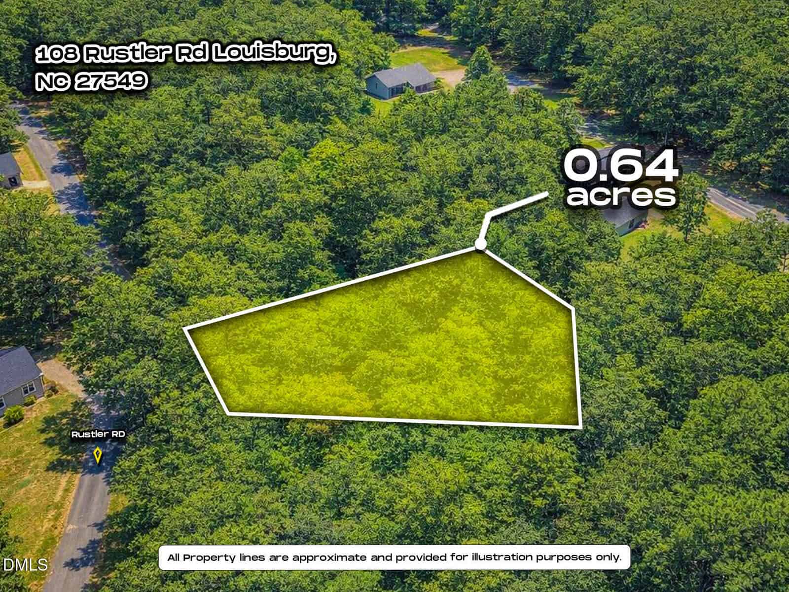 Aerial view of a wooded lot outlined in white, marked as 0.64 acres at 108 Rustler Road, Louisburg, NC 27549. Nearby roads and neighboring properties are also visible among dense trees.