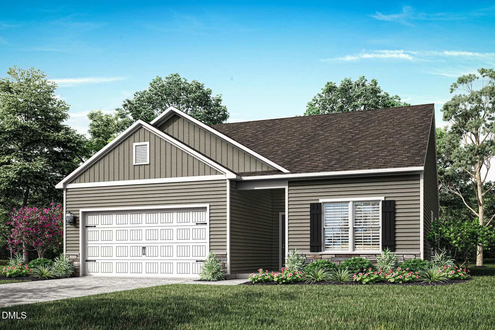 Charming single-story house at 200 Independence Lane, Oxford, featuring a classic gable roof, gray siding with crisp white trim, a spacious double garage, and a picturesque front garden filled with vibrant shrubs and flowers—all surrounded by mature trees beneath a clear blue sky.