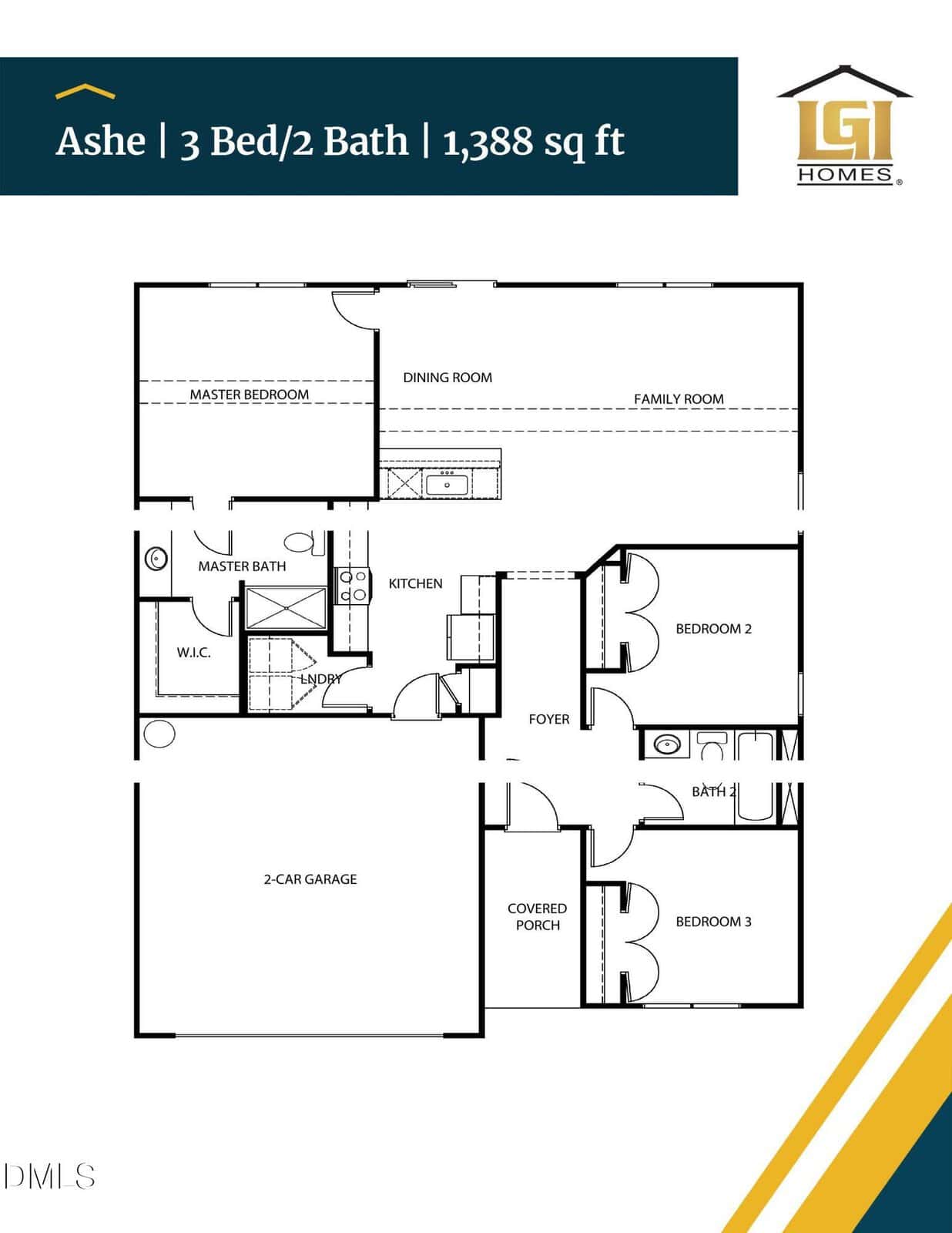 Floor plan for a 3-bedroom, 2-bathroom house with a 2-car garage, covered porch, kitchen, dining room, family room, master suite with bath and walk-in closet, and two additional bedrooms.