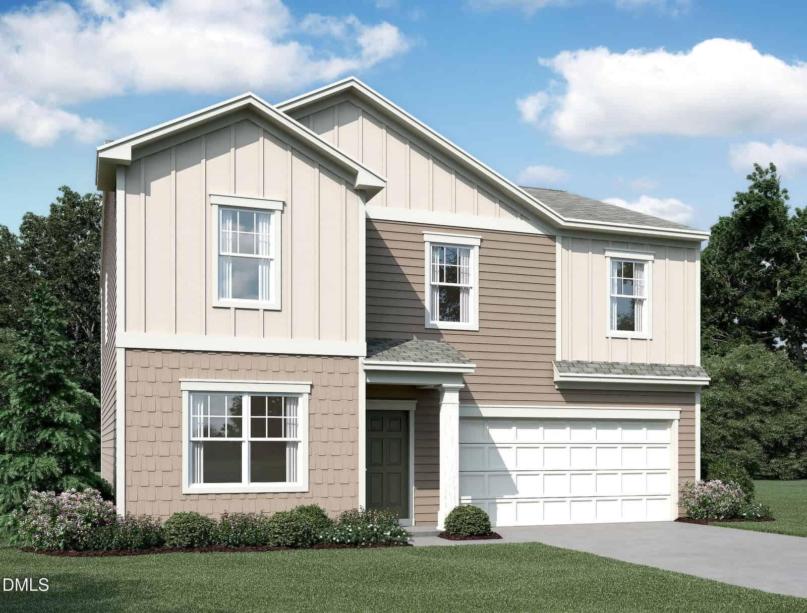 Located in Louisburg, this two-story suburban house at 206 Tar Banks Drive features beige siding, white trim, and a spacious double garage. A well-kept lawn is complemented by small bushes and trees surrounding the home, while a blue sky with scattered clouds creates an inviting backdrop.