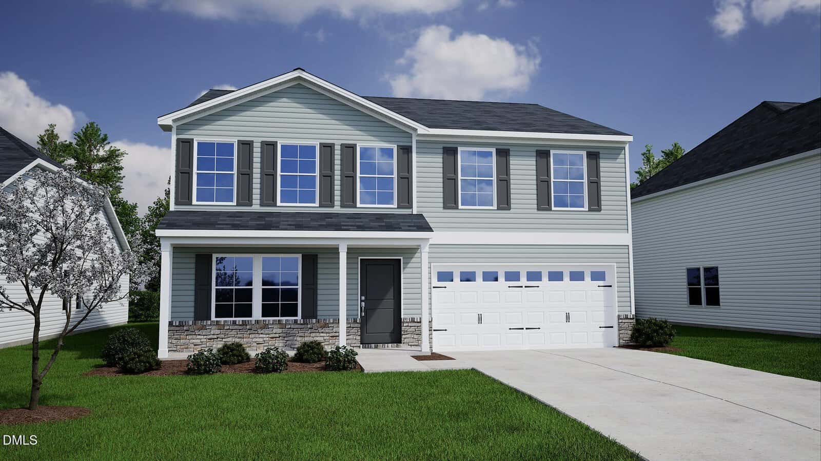 Two-story suburban house with blue siding, white trim, and black shutters located at 37 Mistflower Drive in Youngsville. Double garage door, stone accents, front porch, manicured lawn, and small trees. Neighboring houses visible, sky partly cloudy.