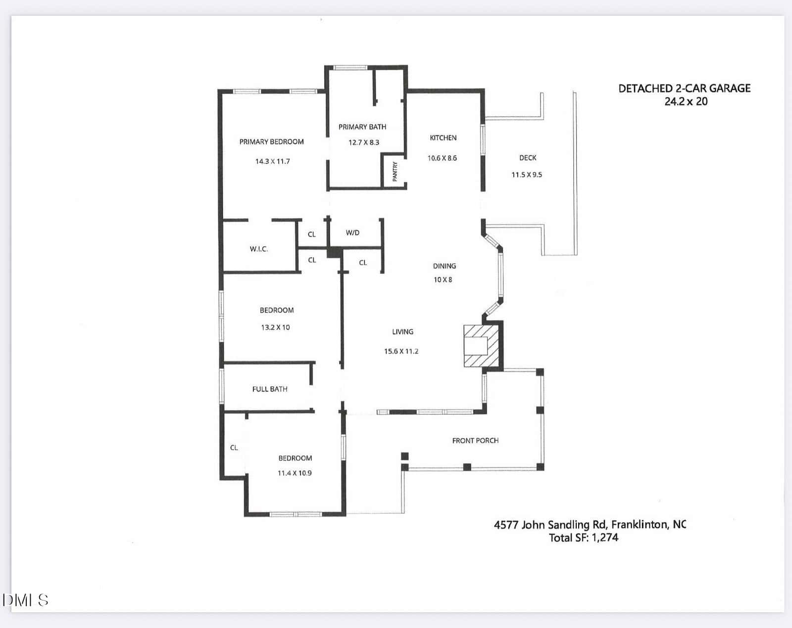 Black-and-white floor plan of a house with three bedrooms, two bathrooms, kitchen, dining, living room, laundry area, front porch, deck, and detached 2-car garage. Total SF: 1,274. Address listed at the bottom.