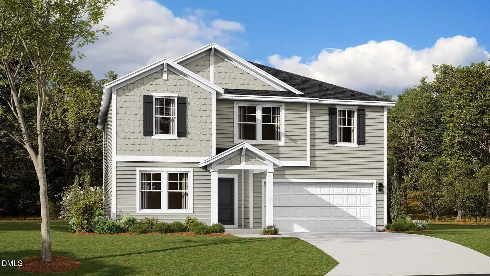 Two-story suburban house with light gray siding, black shutters, and a white garage door at 120 Airdale Drive. A small covered entry porch leads to the front door. Located in the charming Oxford community, the home is surrounded by a green lawn, shrubs, and trees with a blue sky above.