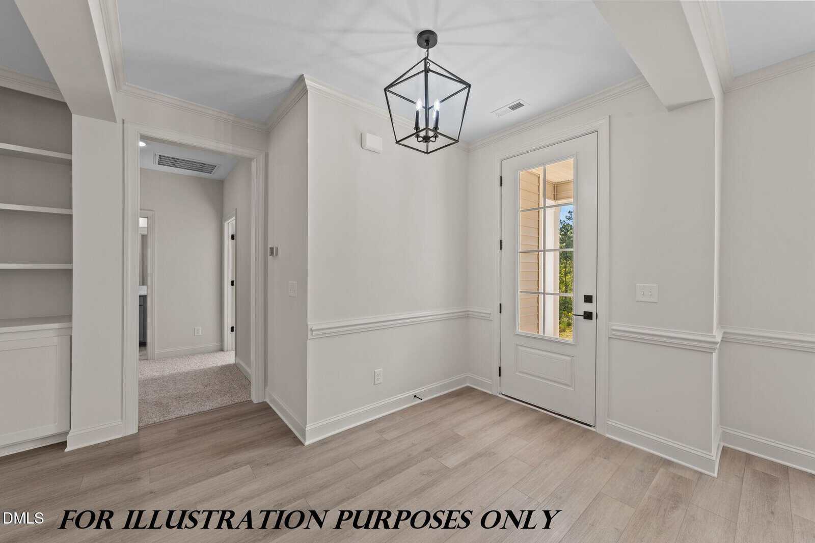 Bright entryway with light wood floors, white walls, a glass door leading outside, built-in shelves on the left, modern black light fixture on the ceiling. Text at the bottom reads, “FOR ILLUSTRATION PURPOSES ONLY.”.