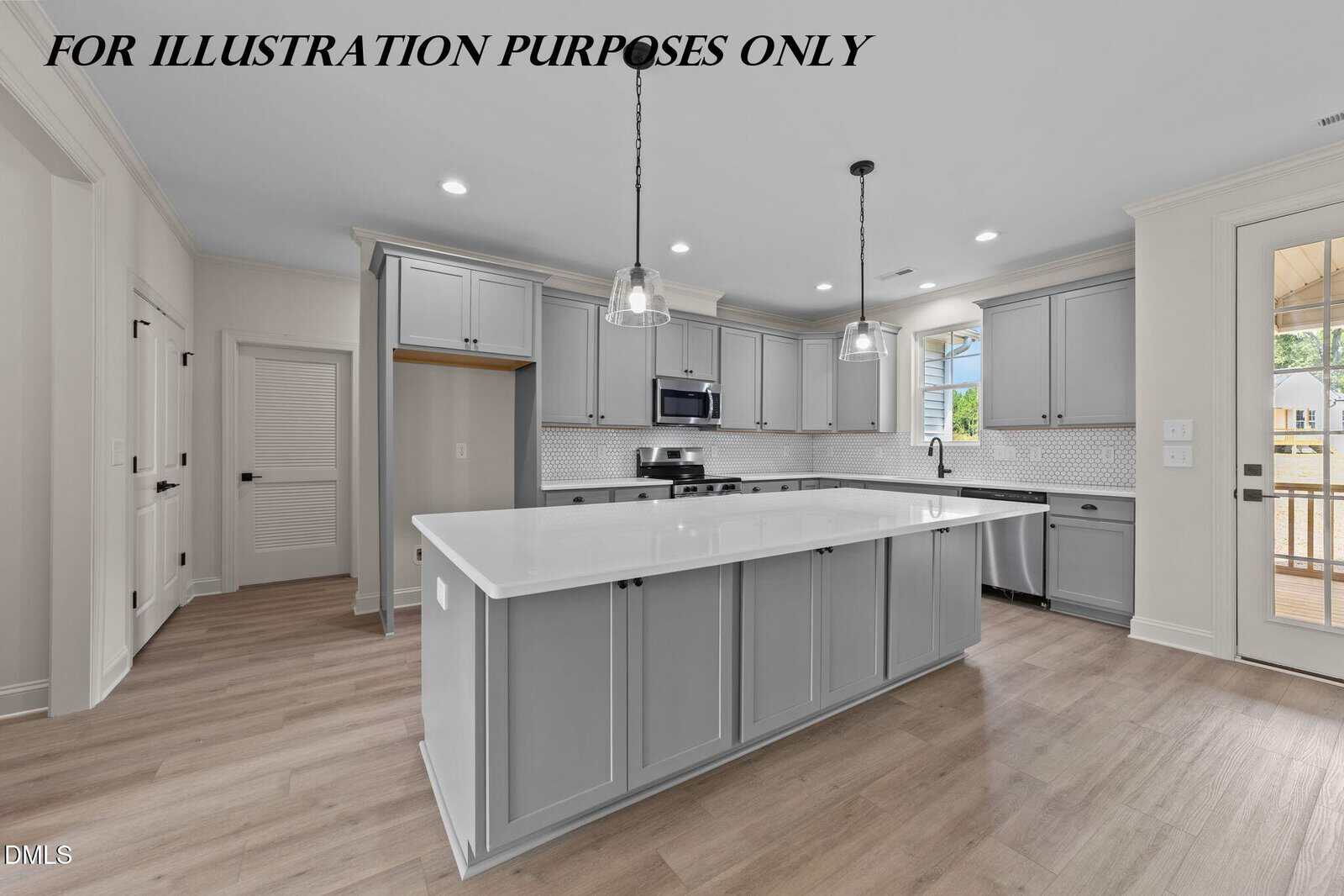 Modern kitchen with gray cabinets, white countertops, stainless steel appliances, pendant lights, and light wood flooring. “FOR ILLUSTRATION PURPOSES ONLY” is written at the top.