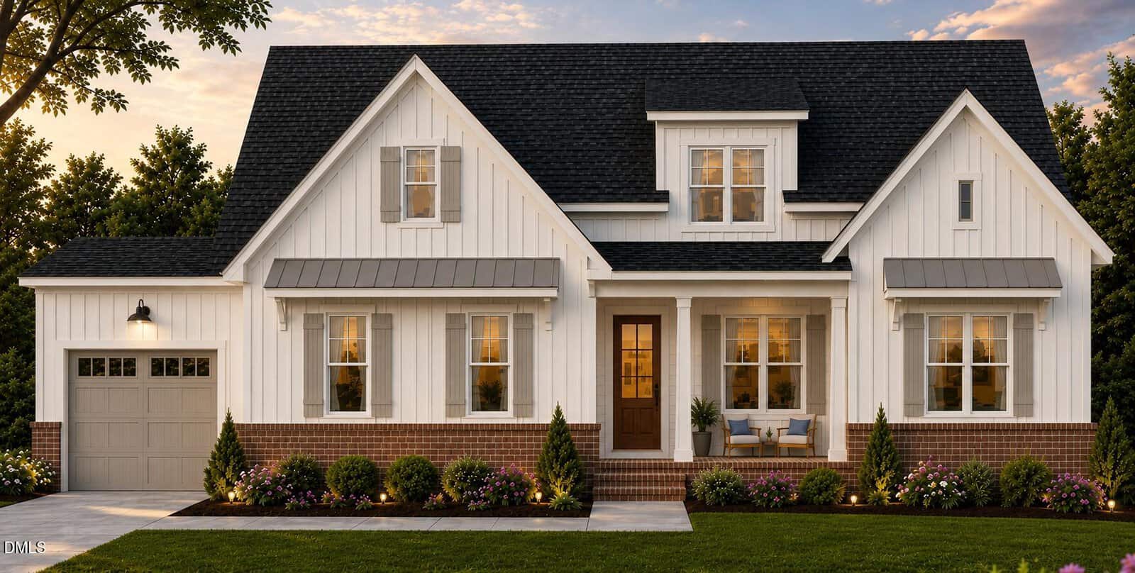 White modern farmhouse with black roof, brick foundation, single-car garage, front porch with seating, and landscaped yard at 235 Ironwood Boulevard in Youngsville, photographed at sunset with exterior lights on.