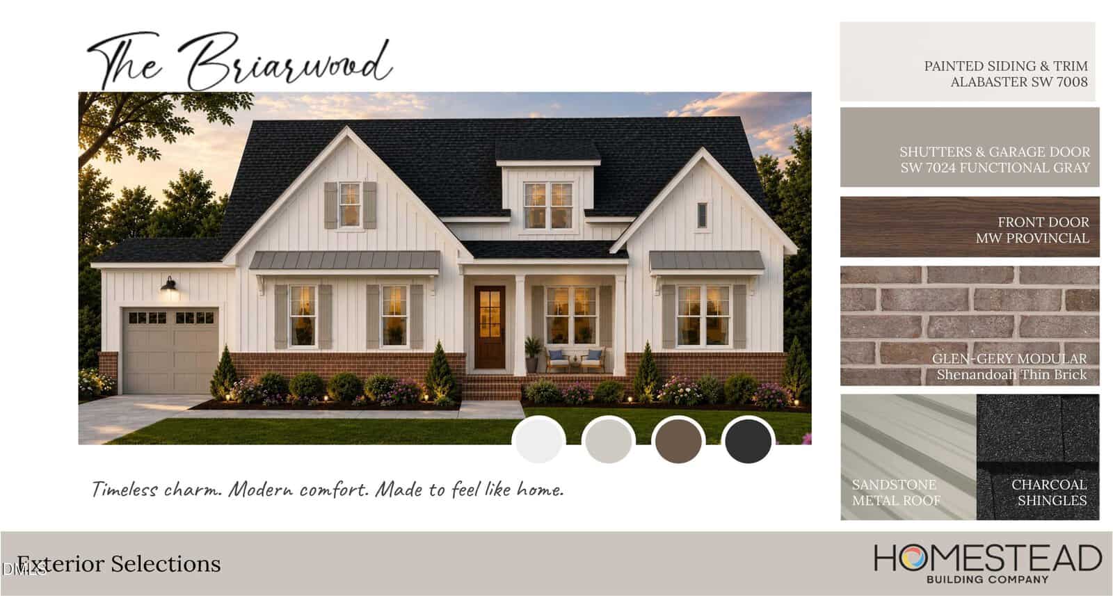 A modern farmhouse with white siding, black roof, brick accents, and gray shutters. Exterior color swatches and material samples are displayed on the right side of the image.