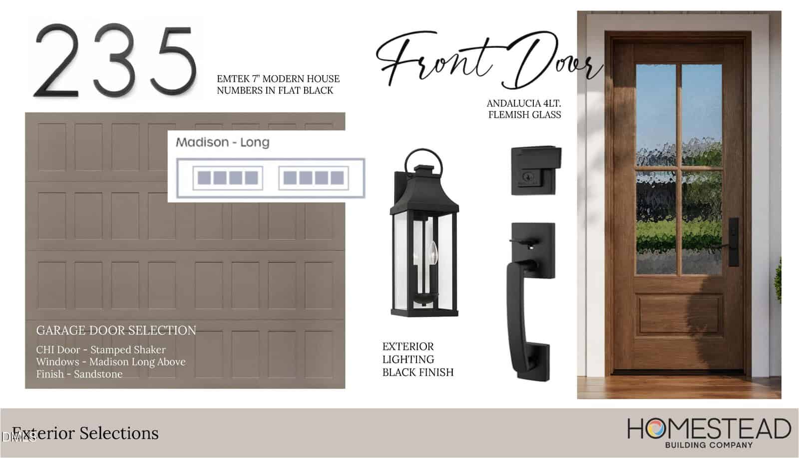 Front door exterior design board with a wooden door featuring glass, a brown stamped garage door, black modern house numbers, a black lantern light, black door handle, and the Homestead Building Company logo.