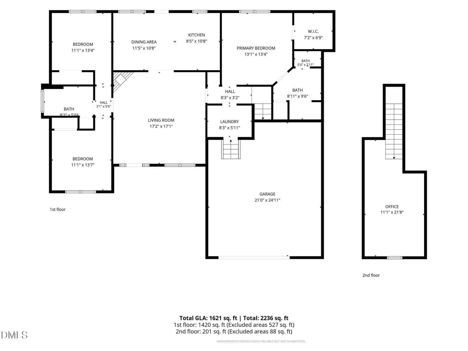 Black and white floor plan showing bedrooms, bathrooms, kitchen, dining area, living room, laundry, garage, and an office. Dimensions and total square footage for each area are labeled. No furniture is shown.