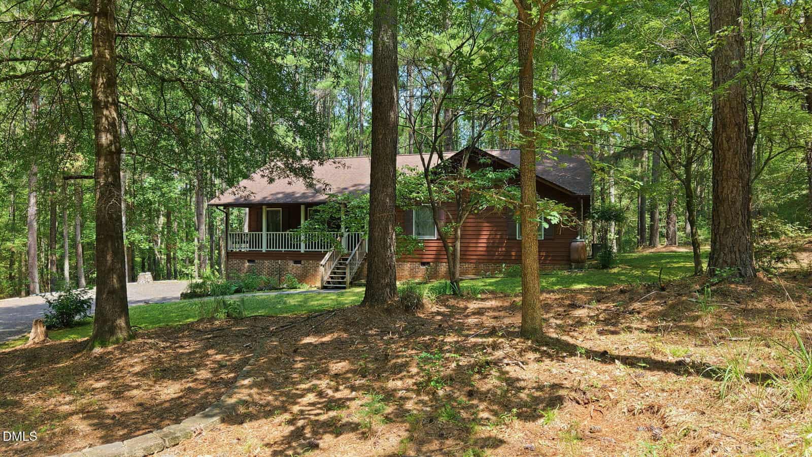 A brown wooden cabin with a covered porch sits among tall trees in a lush, green forest. Sunlight filters through the leaves, creating shadows on the ground and highlighting the peaceful, natural setting.