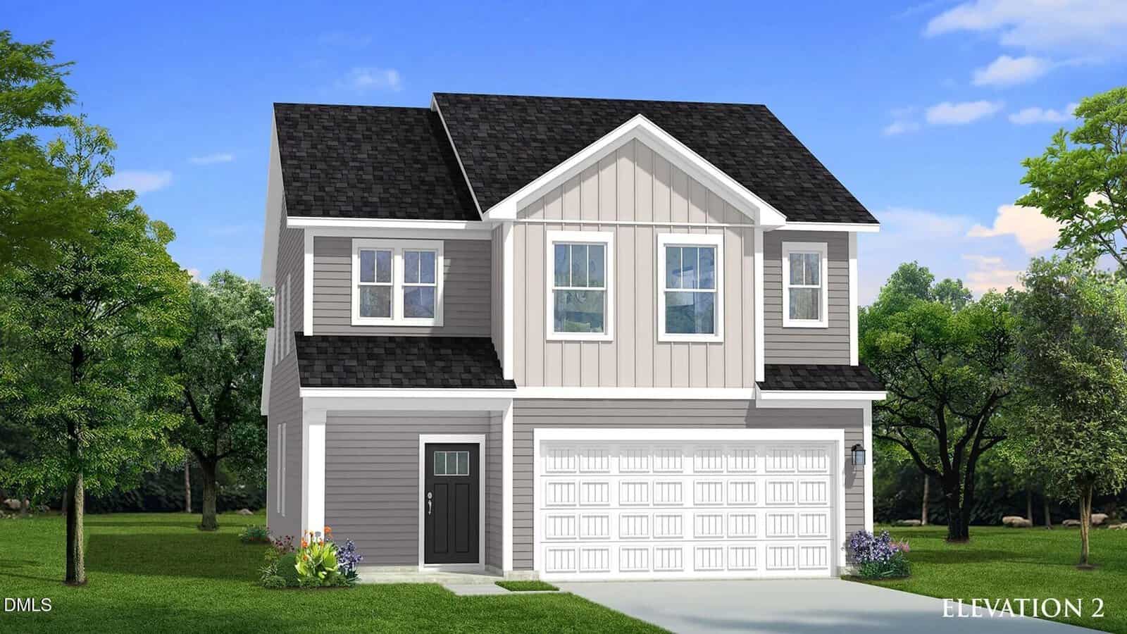 A two-story modern house at 108 Craftsman Avenue, Oxford, featuring gray siding, white trim, a black roof, and a double garage. The grassy yard is accented with small flowers by the front door, while trees provide a lush backdrop under the blue sky.