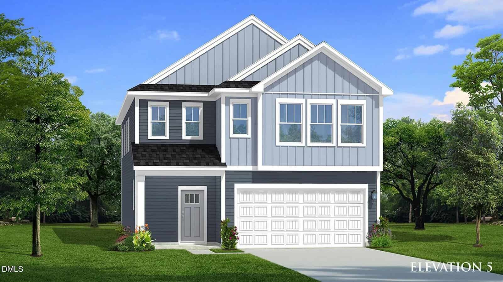A two-story modern house on 107 Cottage Lane in Oxford, featuring gray siding, white trim, and a double garage. The yard is beautifully landscaped with grass, small plants, and trees. Overhead, the sky is blue with some clouds.