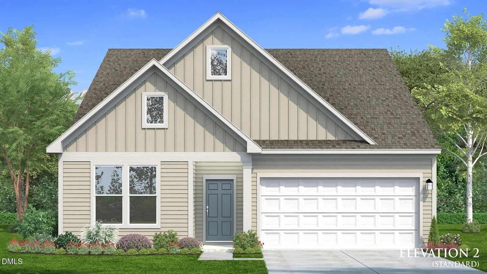 A modern beige house at 117 Craftsman Avenue, Oxford, featuring a gray front door, large windows, gabled roof, and a two-car white garage. There are shrubs and flowers in front and trees in the background under a blue sky.