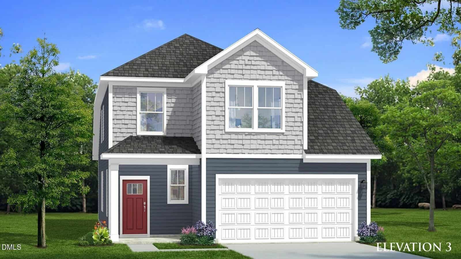 A two-story suburban house at 122 Retreat Lane, Oxford, features gray siding, white trim, and a striking red front door. It has a large white garage and is surrounded by green grass, trees, and some flower beds. “ELEVATION 3” is labeled in the bottom right corner.