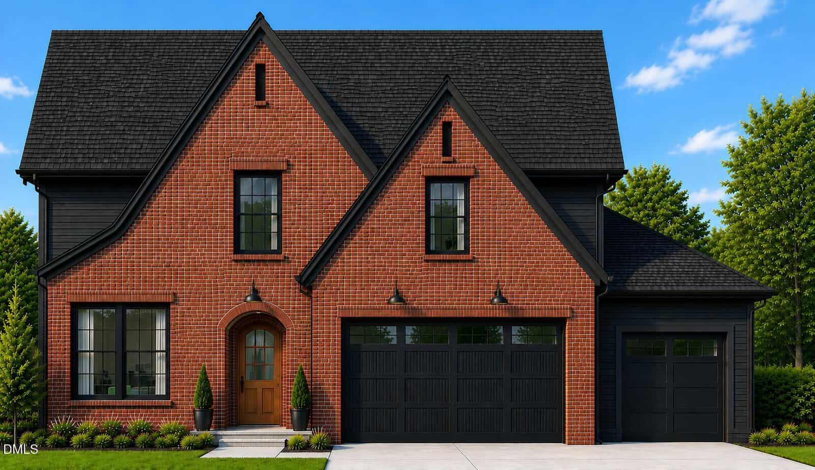 A modern red brick house with black trim, black garage doors, a wooden front door, and neatly trimmed shrubs at 95 Venture Court in Franklinton, set against a blue sky with scattered clouds and surrounded by green trees.