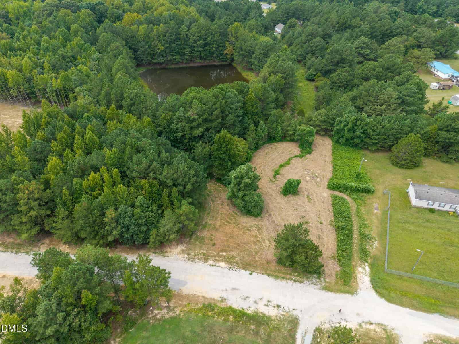 Aerial view of a rural area with dense trees, a small pond, a cleared grassy field, a dirt road, and a few houses scattered nearby.