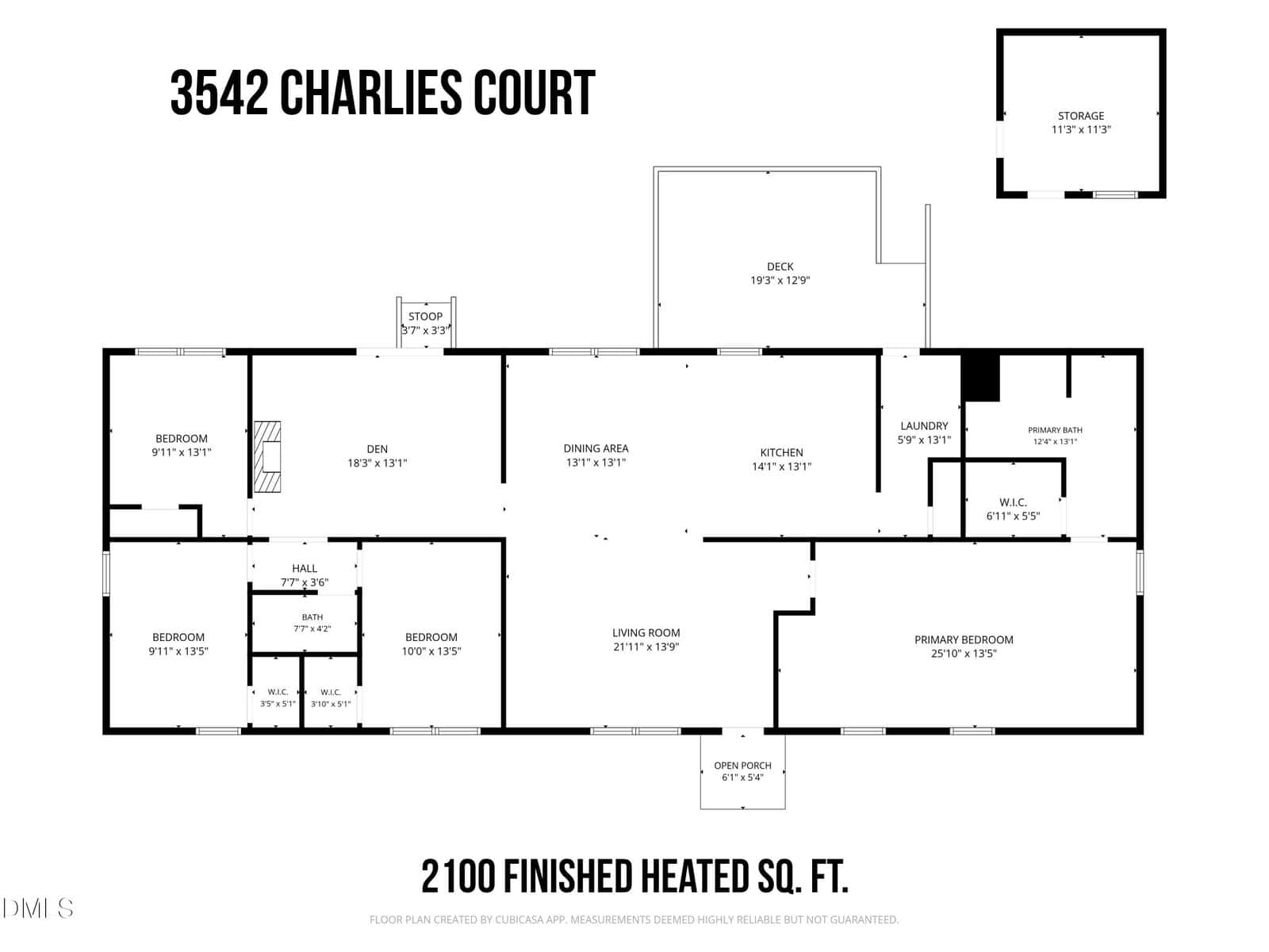 Black and white floor plan for 3542 Charlies Court, showing labeled rooms, a deck, storage, and total area of 2,100 finished heated sq. ft. Includes bedrooms, living spaces, and outdoor areas.