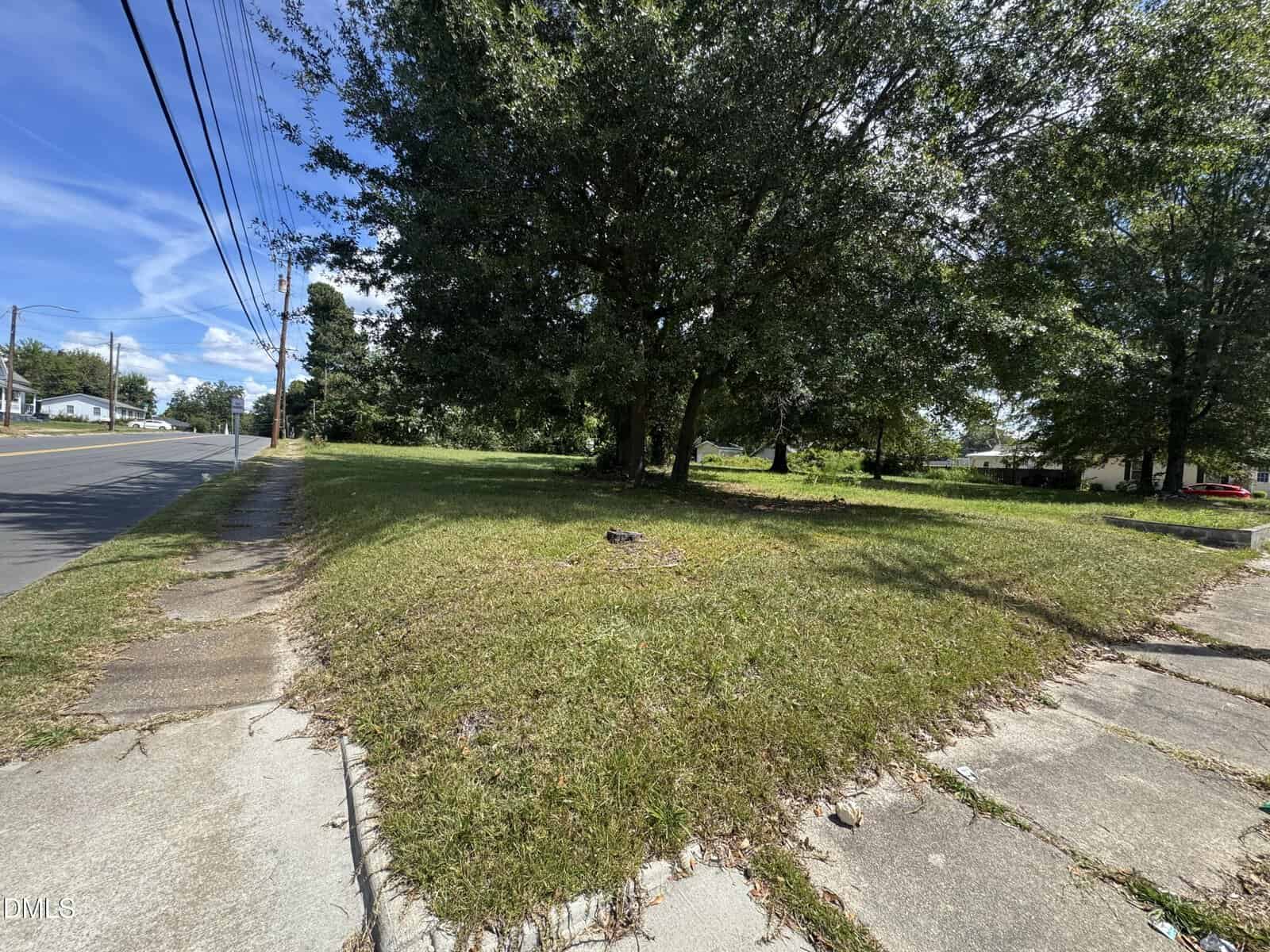 A grassy corner lot with large trees, a sidewalk, and overhead power lines sits next to a quiet street on a sunny day in Henderson, at 218 Hamilton Street.