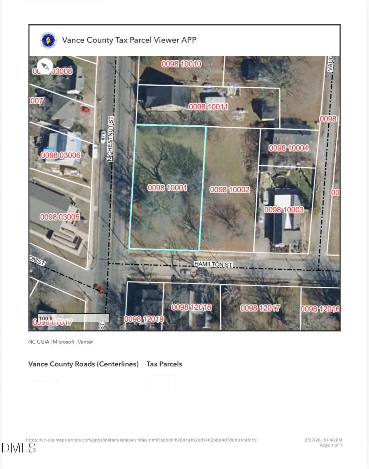 A map shows property boundaries, parcel numbers, and roads in Vance County. A highlighted parcel is centered on Hamilton St, with surrounding parcels labeled by numbers in red. Houses and trees are visible.