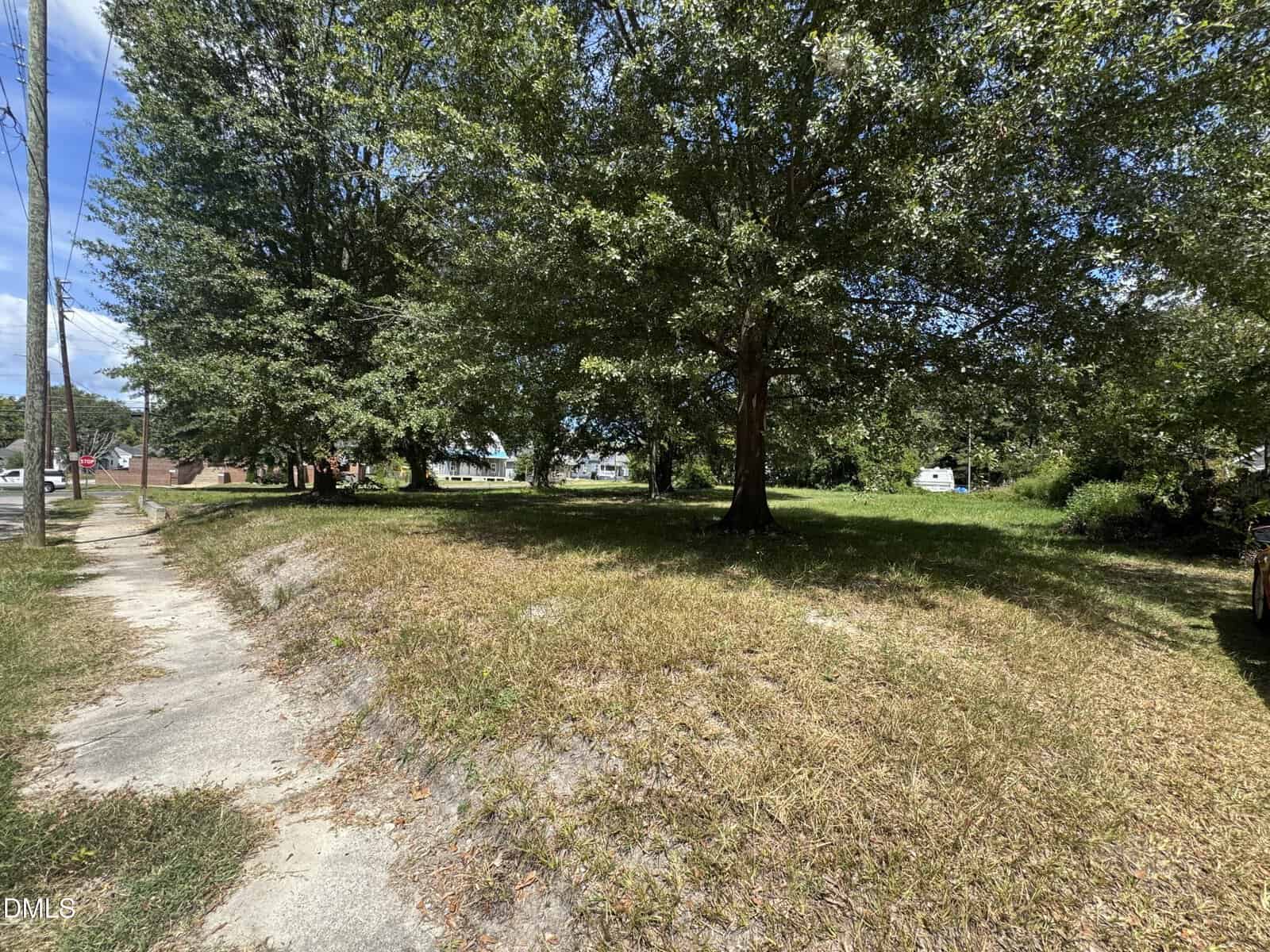 A grassy, slightly sloped vacant lot at 212 Hamilton Street, with large leafy trees, bordered by a cracked sidewalk on the left under a sunny blue sky. Houses and a street in Henderson are visible in the background.