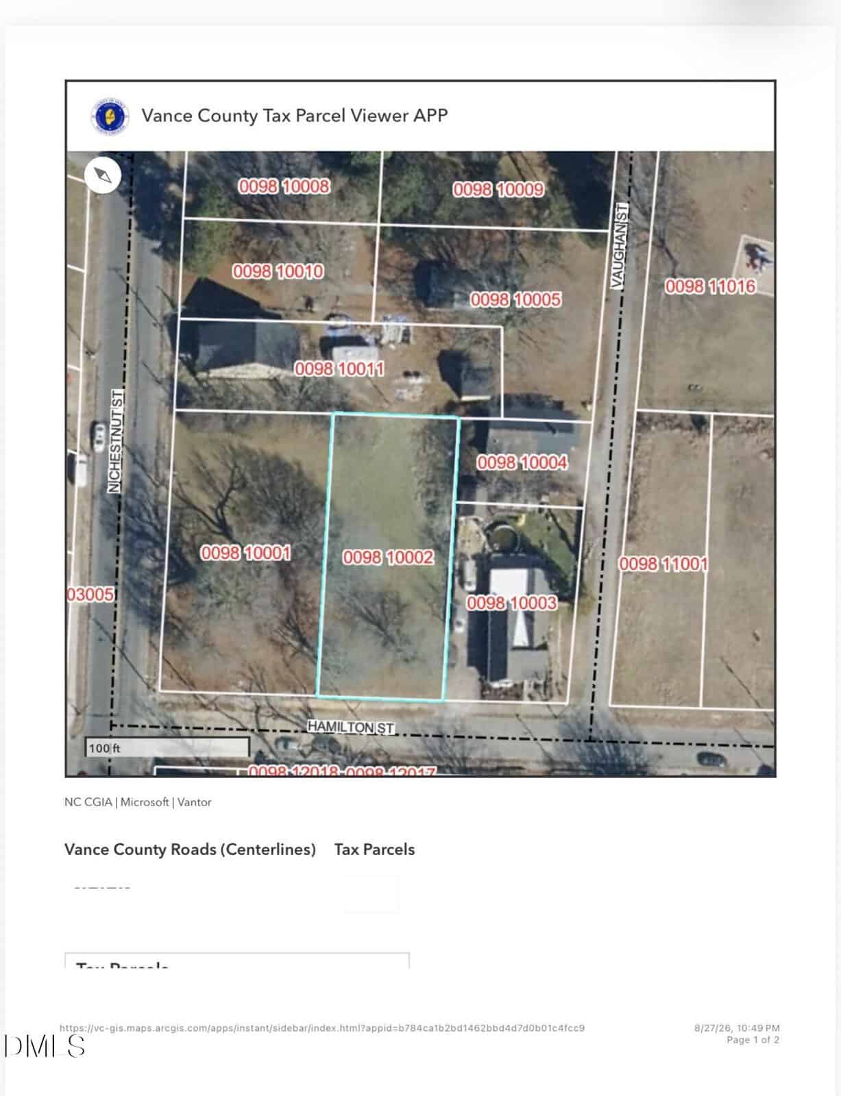 An aerial map view highlighting parcel 0098 10002 in blue, with surrounding parcels outlined in red, located along Hamilton St. Streets, trees, and parcel numbers are visible.
