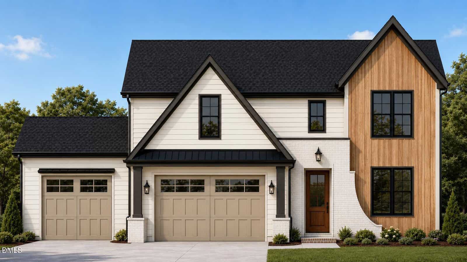 Modern two-story house at 65 Turnberry Court in Franklinton, featuring a black roof, beige garage doors, white siding, and a wood-accented section. Large windows and minimal landscaping are visible under a clear blue sky.