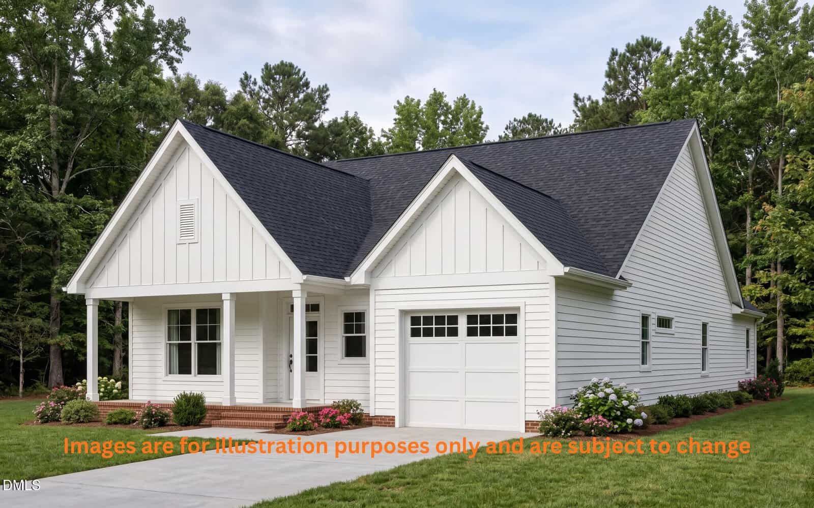 A modern white house with black roof, front porch, single garage, and landscaping with green grass and flowers is shown at 124 Angus Lane in Warrenton. Trees are visible in the background. Text overlay says image is for illustration purposes only.