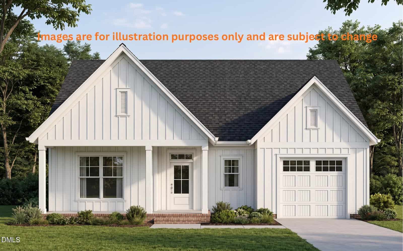 A modern white house with vertical siding, front porch, single garage, manicured lawn, and trees in the background. Orange text at the top says, “images are for illustration purposes only and are subject to change.”.