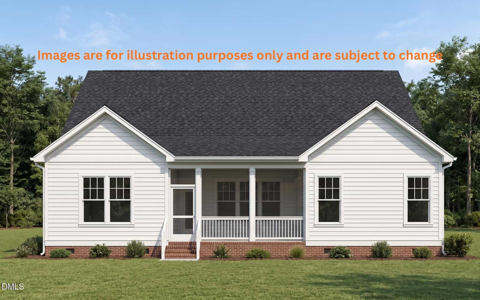 A white single-story house with a dark roof, front porch, brick foundation, and simple landscaping. Text at top reads: “Images are for illustration purposes only and are subject to change.”.