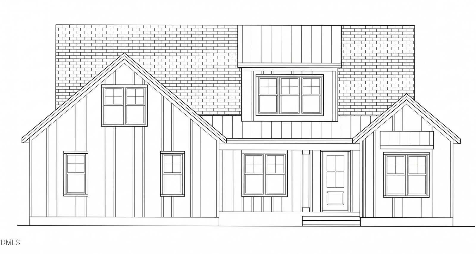 Black and white line drawing of a two-story house with three front gables, vertical siding, shingle roof, a covered entryway, three sets of windows, and a front door with three steps.