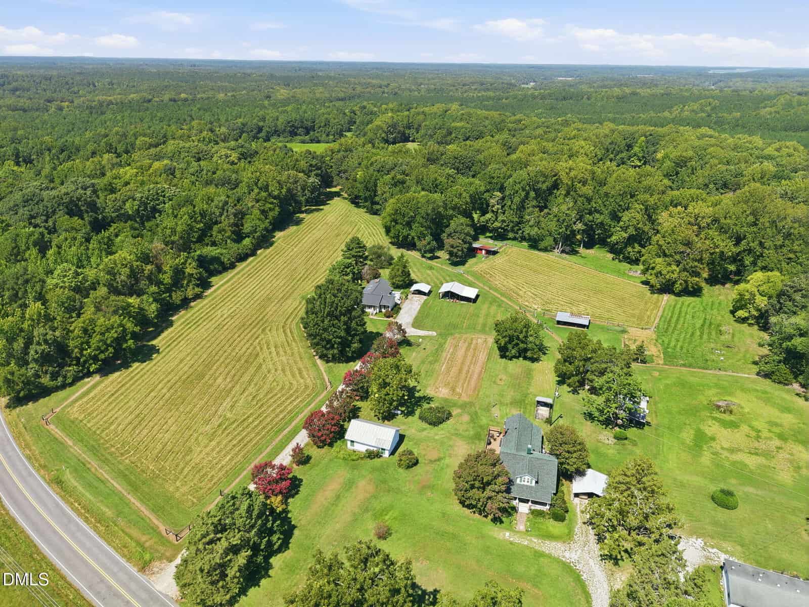 Aerial view of a rural property with multiple houses, barns, and outbuildings surrounded by green fields, trees, and a forested area in the background, next to a road.