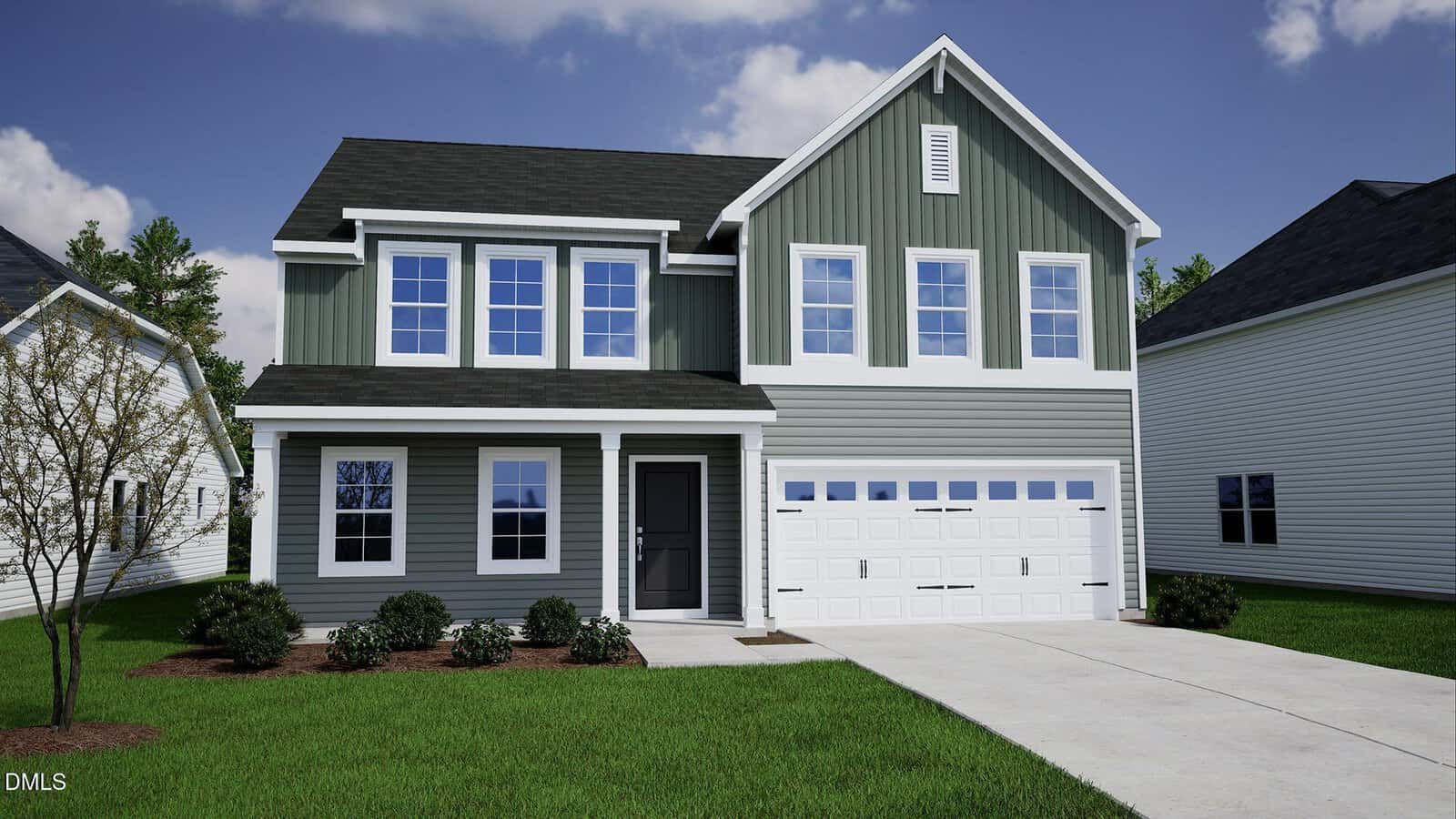 A modern two-story house located at 44 Mistflower Drive in Youngsville, featuring green siding, white trim, multiple windows, and a two-car garage. There’s a small front yard with shrubs, grass, and a young tree.